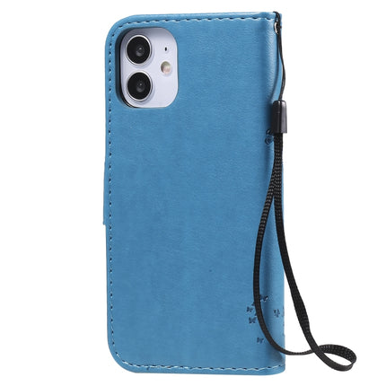 For iPhone 12 mini Tree & Cat Embossed Pattern Horizontal Flip Leather Case with Holder & Card Slots & Wallet & Lanyard(Blue)-garmade.com