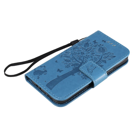 For iPhone 12 mini Tree & Cat Embossed Pattern Horizontal Flip Leather Case with Holder & Card Slots & Wallet & Lanyard(Blue)-garmade.com