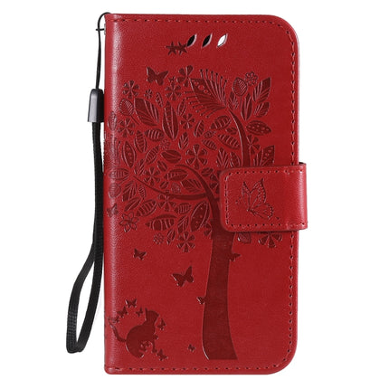 For iPhone 12 mini Tree & Cat Embossed Pattern Horizontal Flip Leather Case with Holder & Card Slots & Wallet & Lanyard(Red)-garmade.com
