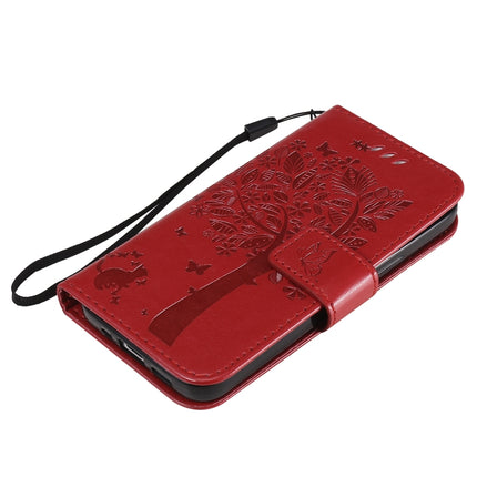 For iPhone 12 mini Tree & Cat Embossed Pattern Horizontal Flip Leather Case with Holder & Card Slots & Wallet & Lanyard(Red)-garmade.com
