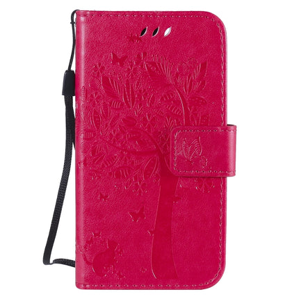 For iPhone 12 mini Tree & Cat Embossed Pattern Horizontal Flip Leather Case with Holder & Card Slots & Wallet & Lanyard(Rose Red)-garmade.com