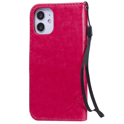 For iPhone 12 mini Tree & Cat Embossed Pattern Horizontal Flip Leather Case with Holder & Card Slots & Wallet & Lanyard(Rose Red)-garmade.com