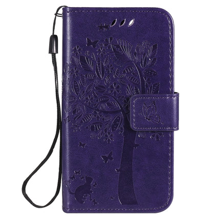 For iPhone 12 mini Tree & Cat Embossed Pattern Horizontal Flip Leather Case with Holder & Card Slots & Wallet & Lanyard(Purple)-garmade.com