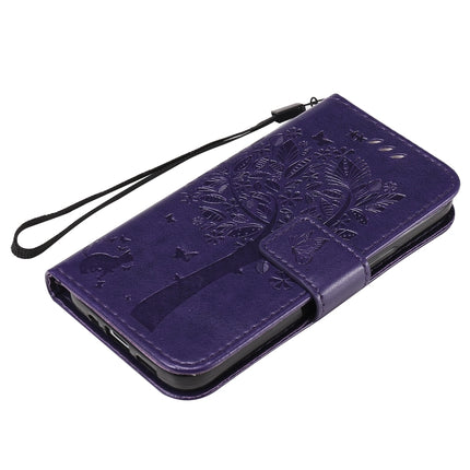 For iPhone 12 mini Tree & Cat Embossed Pattern Horizontal Flip Leather Case with Holder & Card Slots & Wallet & Lanyard(Purple)-garmade.com
