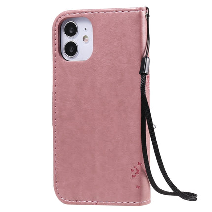 For iPhone 12 mini Tree & Cat Embossed Pattern Horizontal Flip Leather Case with Holder & Card Slots & Wallet & Lanyard(Pink)-garmade.com