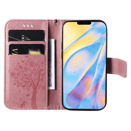 For iPhone 12 mini Tree & Cat Embossed Pattern Horizontal Flip Leather Case with Holder & Card Slots & Wallet & Lanyard(Pink)-garmade.com