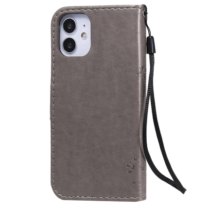 For iPhone 12 mini Tree & Cat Embossed Pattern Horizontal Flip Leather Case with Holder & Card Slots & Wallet & Lanyard(Grey)-garmade.com