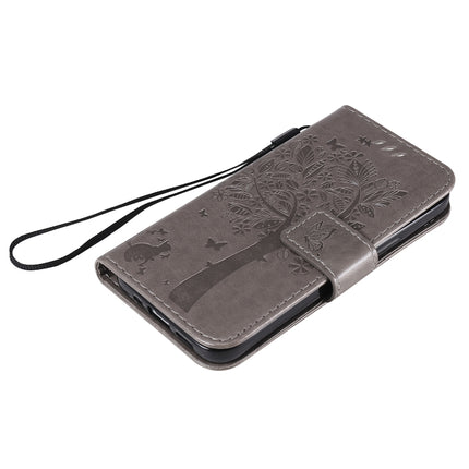 For iPhone 12 mini Tree & Cat Embossed Pattern Horizontal Flip Leather Case with Holder & Card Slots & Wallet & Lanyard(Grey)-garmade.com