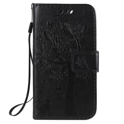 For iPhone 12 mini Tree & Cat Embossed Pattern Horizontal Flip Leather Case with Holder & Card Slots & Wallet & Lanyard(Black)-garmade.com