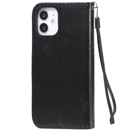 For iPhone 12 mini Tree & Cat Embossed Pattern Horizontal Flip Leather Case with Holder & Card Slots & Wallet & Lanyard(Black)-garmade.com