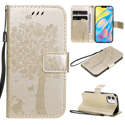For iPhone 12 mini Tree & Cat Embossed Pattern Horizontal Flip Leather Case with Holder & Card Slots & Wallet & Lanyard(Gold)-garmade.com
