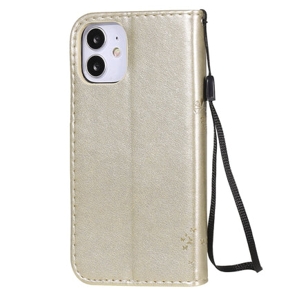 For iPhone 12 mini Tree & Cat Embossed Pattern Horizontal Flip Leather Case with Holder & Card Slots & Wallet & Lanyard(Gold)-garmade.com