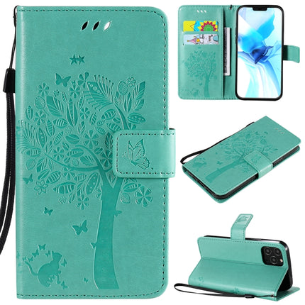 For iPhone 12 / 12 Pro Tree & Cat Embossed Pattern Horizontal Flip Leather Case with Holder & Card Slots & Wallet & Lanyard(Green)-garmade.com