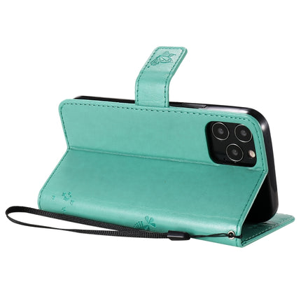 For iPhone 12 / 12 Pro Tree & Cat Embossed Pattern Horizontal Flip Leather Case with Holder & Card Slots & Wallet & Lanyard(Green)-garmade.com