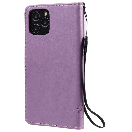 For iPhone 12 / 12 Pro Tree & Cat Embossed Pattern Horizontal Flip Leather Case with Holder & Card Slots & Wallet & Lanyard(Light Purple)-garmade.com
