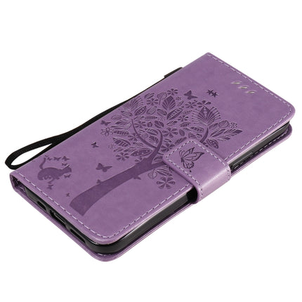 For iPhone 12 / 12 Pro Tree & Cat Embossed Pattern Horizontal Flip Leather Case with Holder & Card Slots & Wallet & Lanyard(Light Purple)-garmade.com