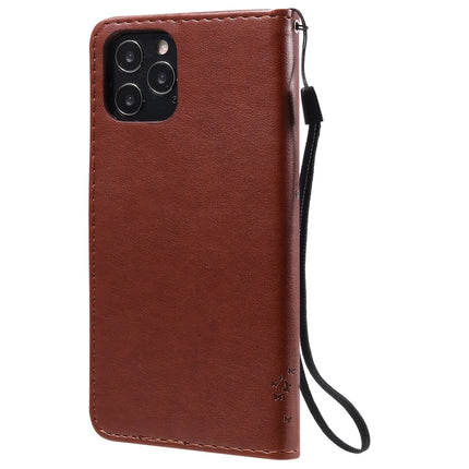 For iPhone 12 / 12 Pro Tree & Cat Embossed Pattern Horizontal Flip Leather Case with Holder & Card Slots & Wallet & Lanyard(Coffee)-garmade.com