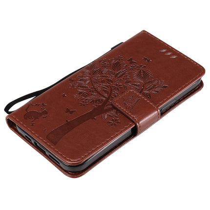 For iPhone 12 / 12 Pro Tree & Cat Embossed Pattern Horizontal Flip Leather Case with Holder & Card Slots & Wallet & Lanyard(Coffee)-garmade.com