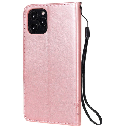 For iPhone 12 / 12 Pro Tree & Cat Embossed Pattern Horizontal Flip Leather Case with Holder & Card Slots & Wallet & Lanyard(Rose Gold)-garmade.com