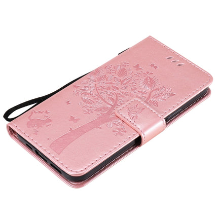 For iPhone 12 / 12 Pro Tree & Cat Embossed Pattern Horizontal Flip Leather Case with Holder & Card Slots & Wallet & Lanyard(Rose Gold)-garmade.com