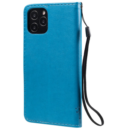 For iPhone 12 / 12 Pro Tree & Cat Embossed Pattern Horizontal Flip Leather Case with Holder & Card Slots & Wallet & Lanyard(Blue)-garmade.com
