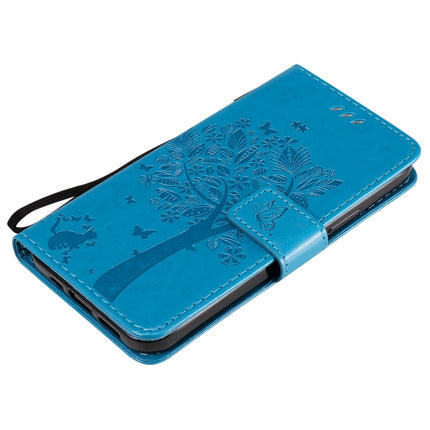 For iPhone 12 / 12 Pro Tree & Cat Embossed Pattern Horizontal Flip Leather Case with Holder & Card Slots & Wallet & Lanyard(Blue)-garmade.com