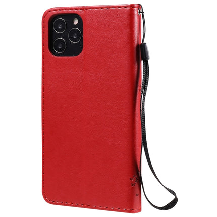 For iPhone 12 / 12 Pro Tree & Cat Embossed Pattern Horizontal Flip Leather Case with Holder & Card Slots & Wallet & Lanyard(Red)-garmade.com