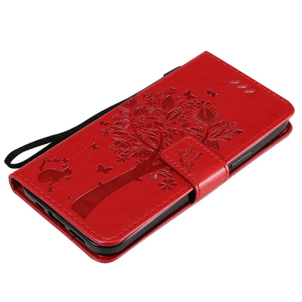 For iPhone 12 / 12 Pro Tree & Cat Embossed Pattern Horizontal Flip Leather Case with Holder & Card Slots & Wallet & Lanyard(Red)-garmade.com