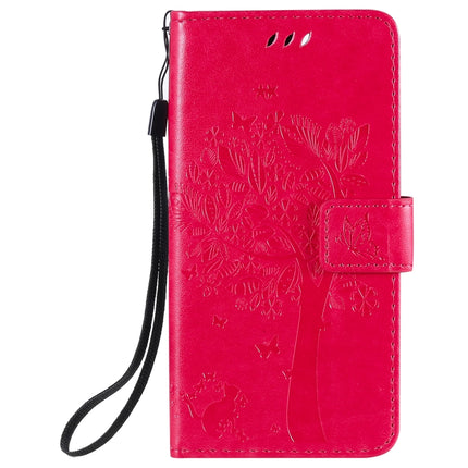 For iPhone 12 / 12 Pro Tree & Cat Embossed Pattern Horizontal Flip Leather Case with Holder & Card Slots & Wallet & Lanyard(Rose Red)-garmade.com