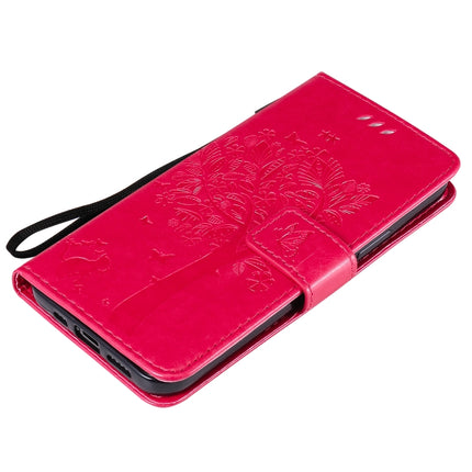 For iPhone 12 / 12 Pro Tree & Cat Embossed Pattern Horizontal Flip Leather Case with Holder & Card Slots & Wallet & Lanyard(Rose Red)-garmade.com