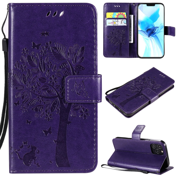 For iPhone 12 / 12 Pro Tree & Cat Embossed Pattern Horizontal Flip Leather Case with Holder & Card Slots & Wallet & Lanyard(Purple)-garmade.com