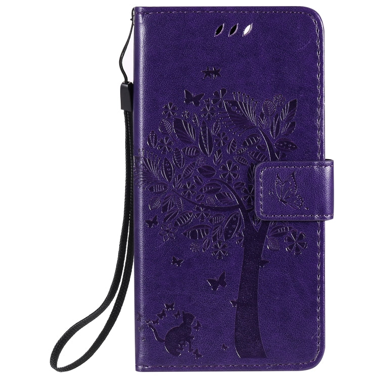For iPhone 12 / 12 Pro Tree & Cat Embossed Pattern Horizontal Flip Leather Case with Holder & Card Slots & Wallet & Lanyard(Purple)-garmade.com