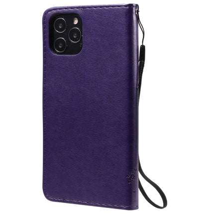 For iPhone 12 / 12 Pro Tree & Cat Embossed Pattern Horizontal Flip Leather Case with Holder & Card Slots & Wallet & Lanyard(Purple)-garmade.com