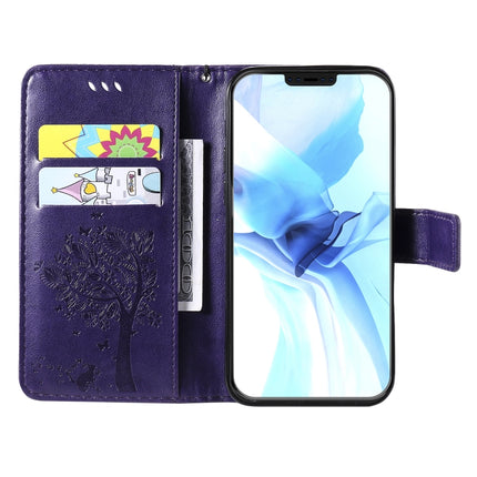 For iPhone 12 / 12 Pro Tree & Cat Embossed Pattern Horizontal Flip Leather Case with Holder & Card Slots & Wallet & Lanyard(Purple)-garmade.com