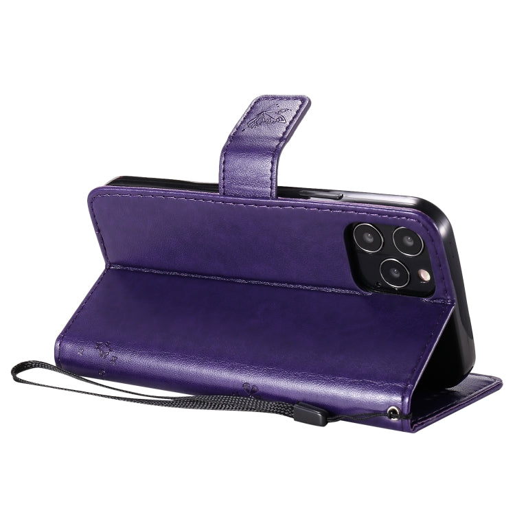 For iPhone 12 / 12 Pro Tree & Cat Embossed Pattern Horizontal Flip Leather Case with Holder & Card Slots & Wallet & Lanyard(Purple)-garmade.com