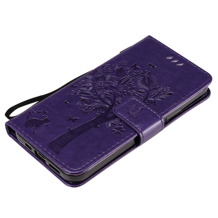 For iPhone 12 / 12 Pro Tree & Cat Embossed Pattern Horizontal Flip Leather Case with Holder & Card Slots & Wallet & Lanyard(Purple)-garmade.com