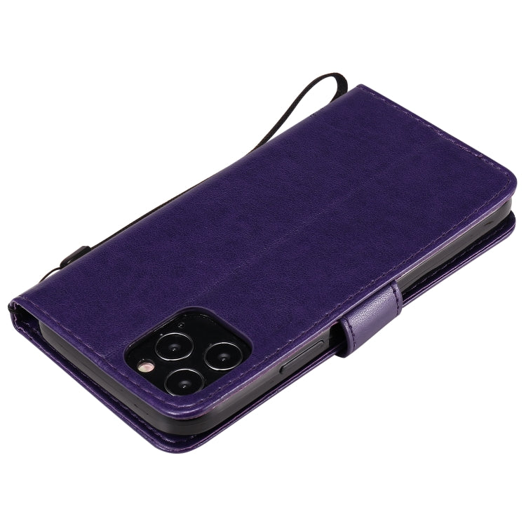 For iPhone 12 / 12 Pro Tree & Cat Embossed Pattern Horizontal Flip Leather Case with Holder & Card Slots & Wallet & Lanyard(Purple)-garmade.com
