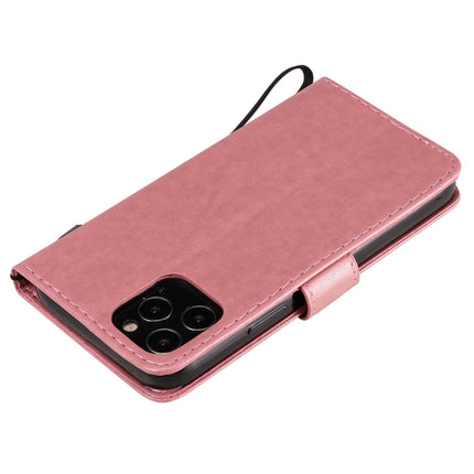 For iPhone 12 / 12 Pro Tree & Cat Embossed Pattern Horizontal Flip Leather Case with Holder & Card Slots & Wallet & Lanyard(Pink)-garmade.com