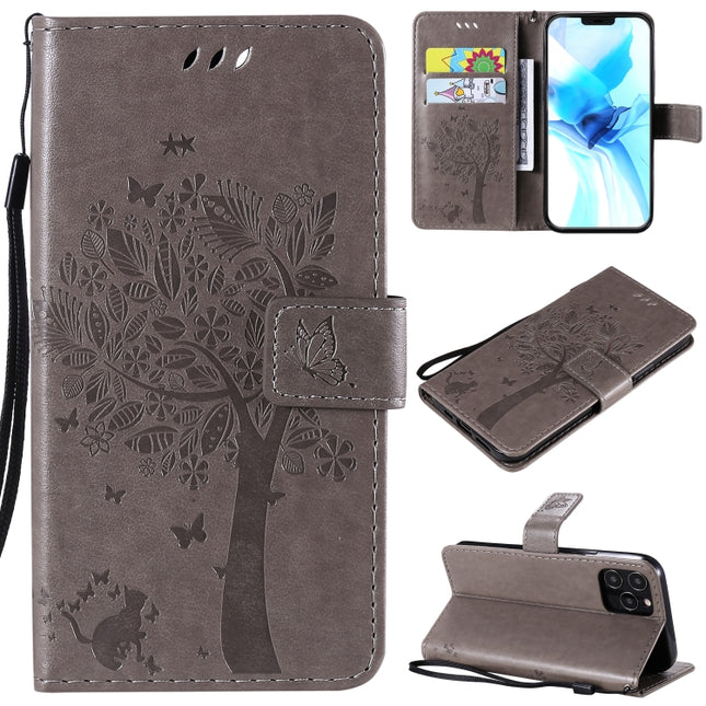 For iPhone 12 / 12 Pro Tree & Cat Embossed Pattern Horizontal Flip Leather Case with Holder & Card Slots & Wallet & Lanyard(Grey)-garmade.com