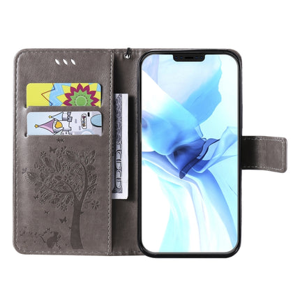 For iPhone 12 / 12 Pro Tree & Cat Embossed Pattern Horizontal Flip Leather Case with Holder & Card Slots & Wallet & Lanyard(Grey)-garmade.com