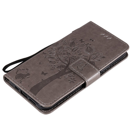 For iPhone 12 / 12 Pro Tree & Cat Embossed Pattern Horizontal Flip Leather Case with Holder & Card Slots & Wallet & Lanyard(Grey)-garmade.com