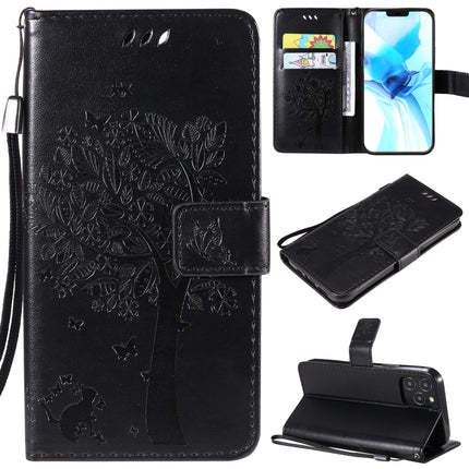 For iPhone 12 / 12 Pro Tree & Cat Embossed Pattern Horizontal Flip Leather Case with Holder & Card Slots & Wallet & Lanyard(Black)-garmade.com