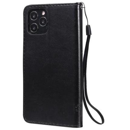For iPhone 12 / 12 Pro Tree & Cat Embossed Pattern Horizontal Flip Leather Case with Holder & Card Slots & Wallet & Lanyard(Black)-garmade.com