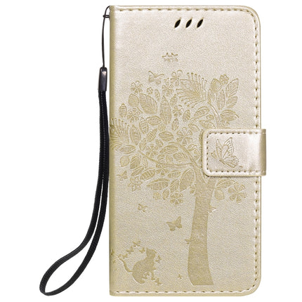 For iPhone 12 / 12 Pro Tree & Cat Embossed Pattern Horizontal Flip Leather Case with Holder & Card Slots & Wallet & Lanyard(Gold)-garmade.com