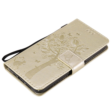 For iPhone 12 / 12 Pro Tree & Cat Embossed Pattern Horizontal Flip Leather Case with Holder & Card Slots & Wallet & Lanyard(Gold)-garmade.com