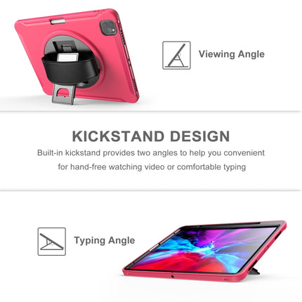 For iPad Pro 12.9 inch (2020) 360 Degree Rotation PC+TPU Protective Cover with Holder & Hand Strap & Pen Slot(Rose Red)-garmade.com