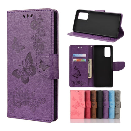 For Samsung Galaxy Note20 Butterflies Embossing Horizontal Flip Leather Case with Holder & Card Slots & Wallet(Purple)-garmade.com