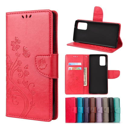For Samsung Galaxy Note20 Butterfly Flower Embossing Horizontal Flip Leather Case with Holder & Card Slots & Wallet(Red)-garmade.com