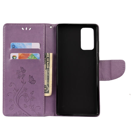 For Samsung Galaxy Note20 Butterfly Flower Embossing Horizontal Flip Leather Case with Holder & Card Slots & Wallet(Light Purple)-garmade.com