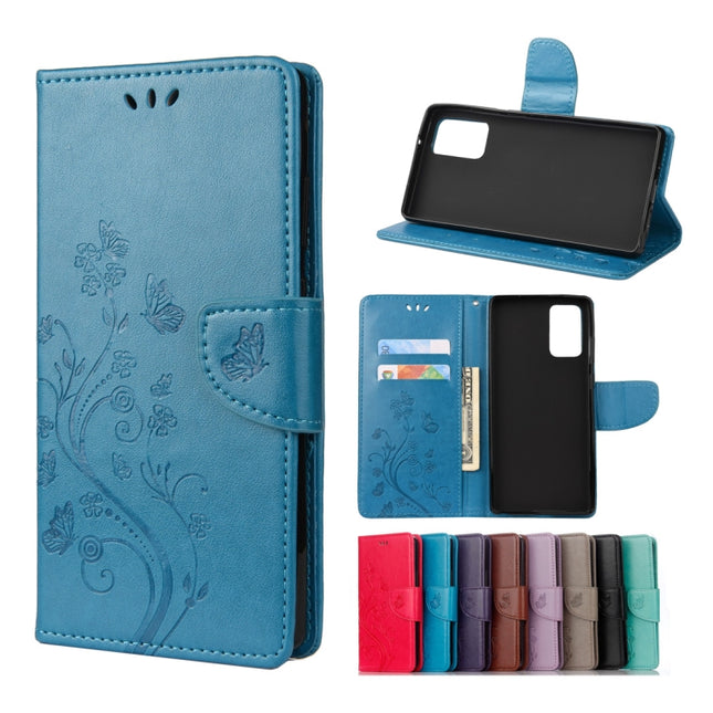 For Samsung Galaxy Note20 Ultra Butterfly Flower Embossing Horizontal Flip Leather Case with Holder & Card Slots & Wallet(Blue)-garmade.com